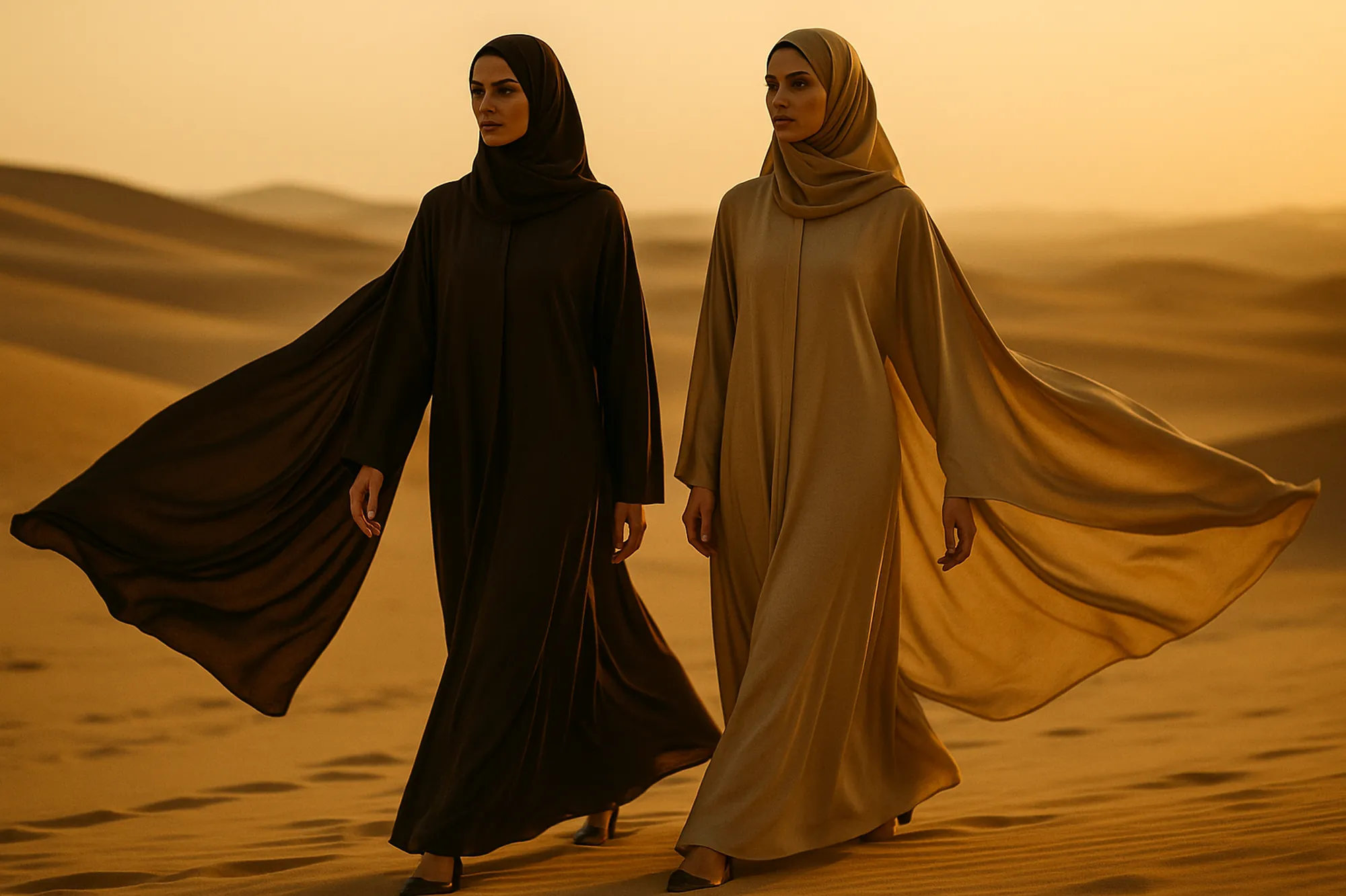 Deux femmes en abaya marchant dans les dunes à la lumière du soir