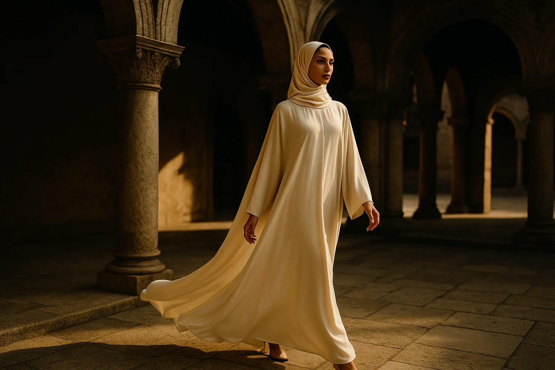 Femme en abaya crème sous les arches d'une cour au soleil de fin d'après-midi