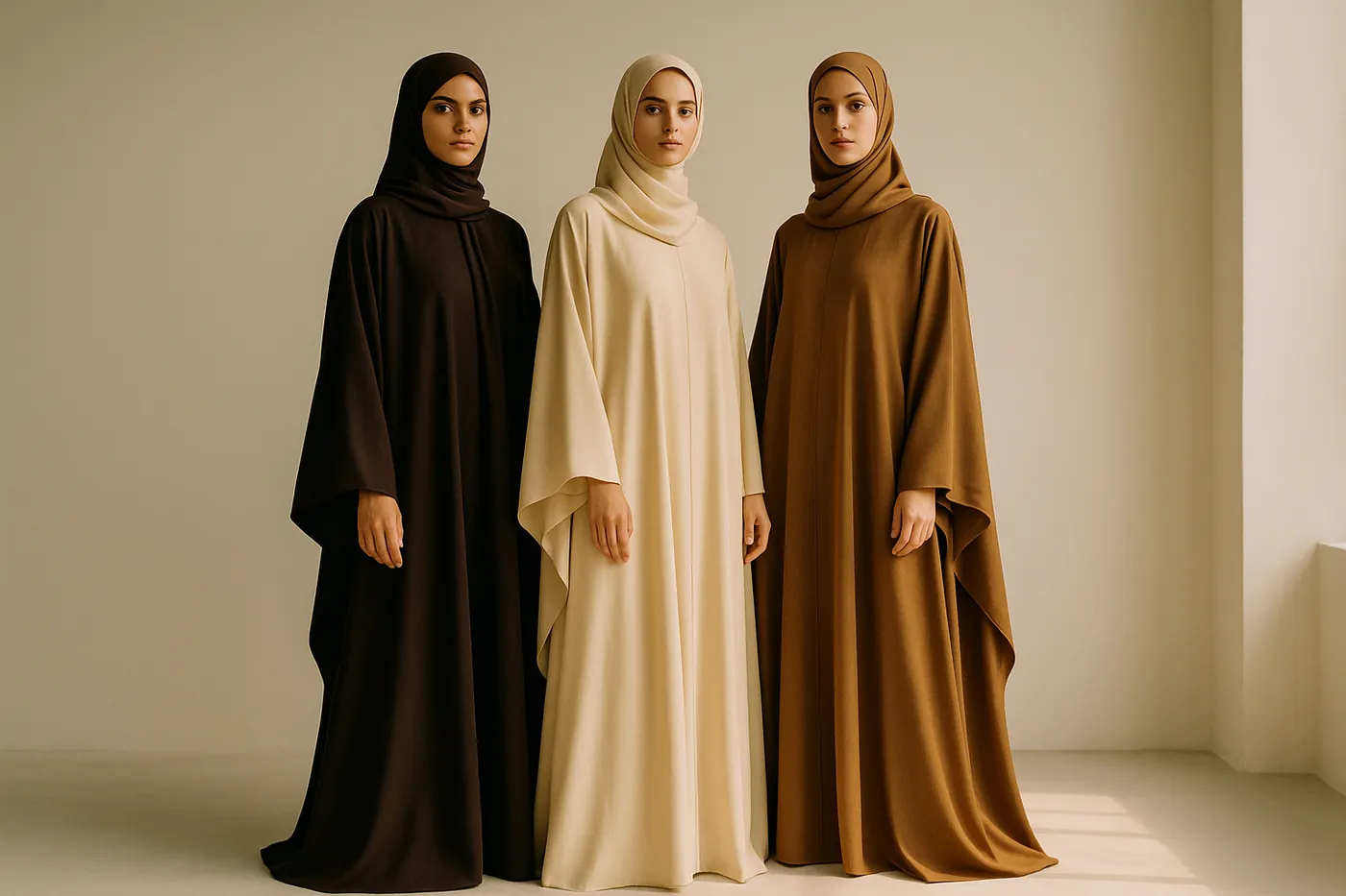 Trois abayas dans des tons différents, portées côte à côte en studio