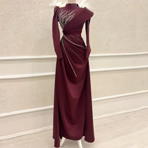 Robe de Soirée Élégante à Col Haut pour Femme, Tenue Musulmane avec Perles, Manches sulf, Plissée, Ligne A, Longueur au Sol, ix, Banquet, Fermeture Éclair Personnalisée