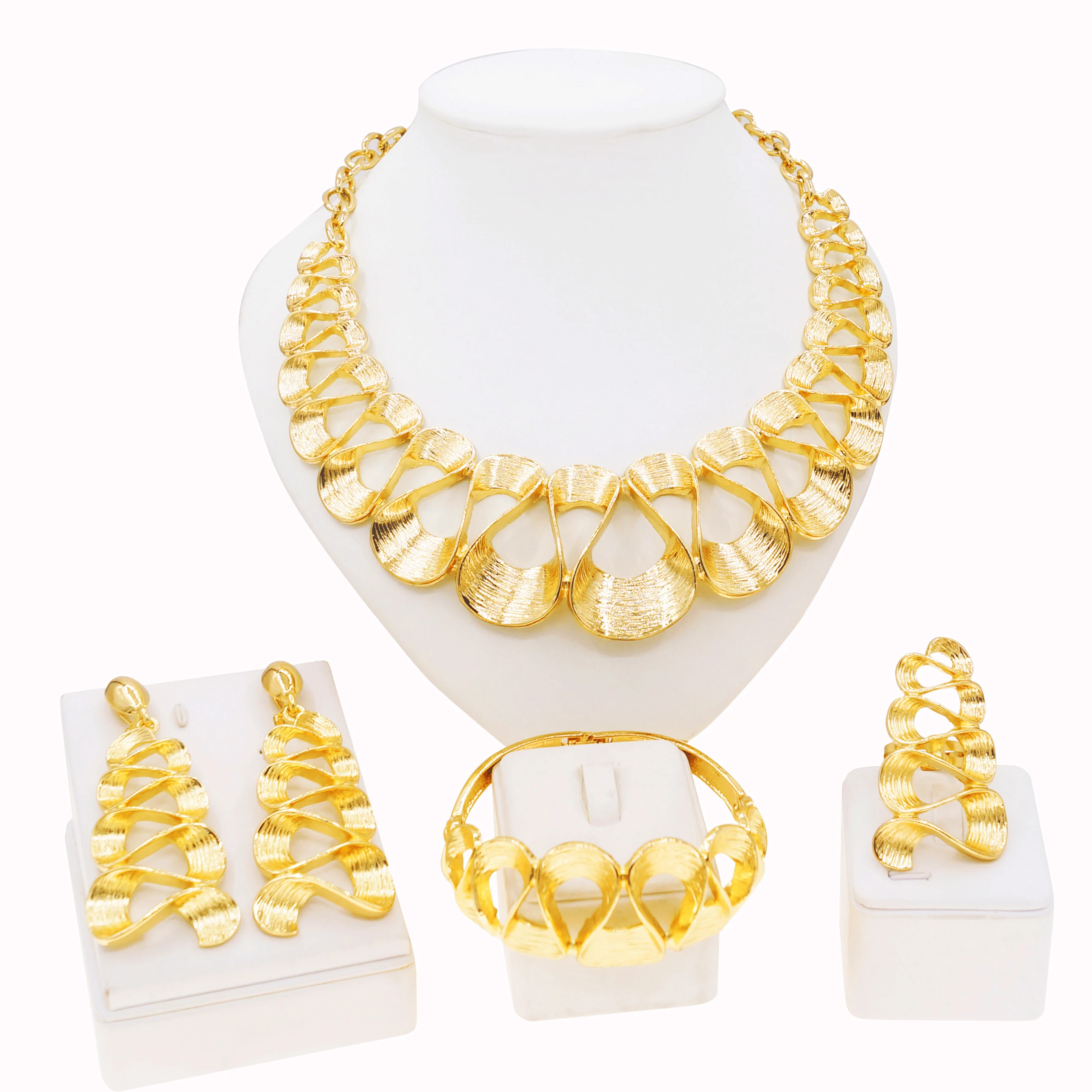 Ensemble de bijoux plaqué or de Dubaï pour femme, collier, pendentif rond régulier, bracelet brillant brossé, boucles d'oreilles, bijoux de mariage, SYBathroom L