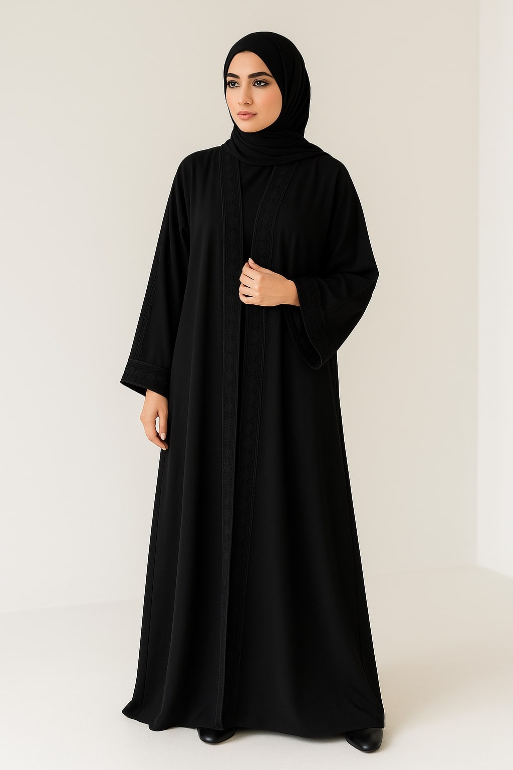 Femme portant une abaya noire élégante dans une boutique d