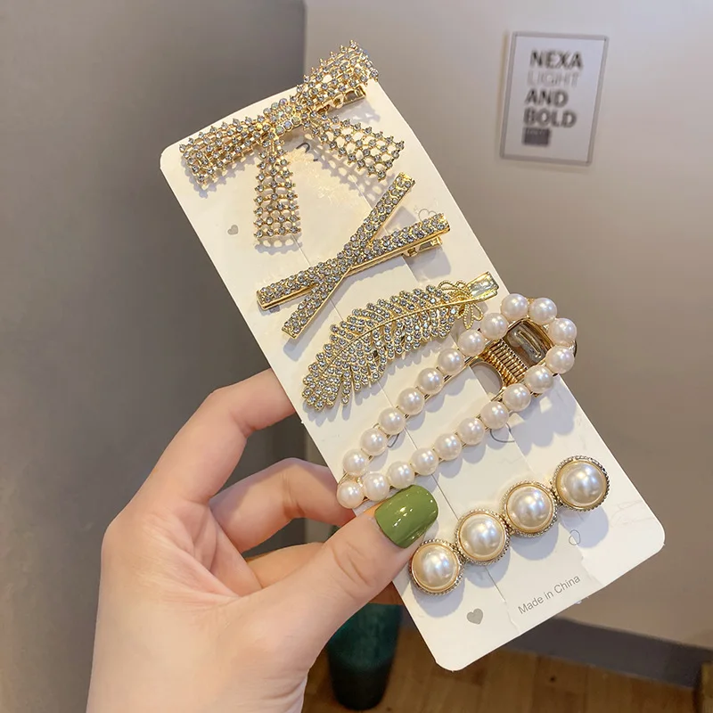 Pince à cheveux en perles pour femmes, épingles à frange, mode vintage, luxe, diamant, nœud perlé, fleur, cordon, ensemble d'épingles à cheveux, vente en gros, 1 lot