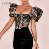 chemisier noir à fleurs brodées pour femmes, manches bouffantes, chemisiers de fête élégants, médicaments, bustier sexy, corset, haut court