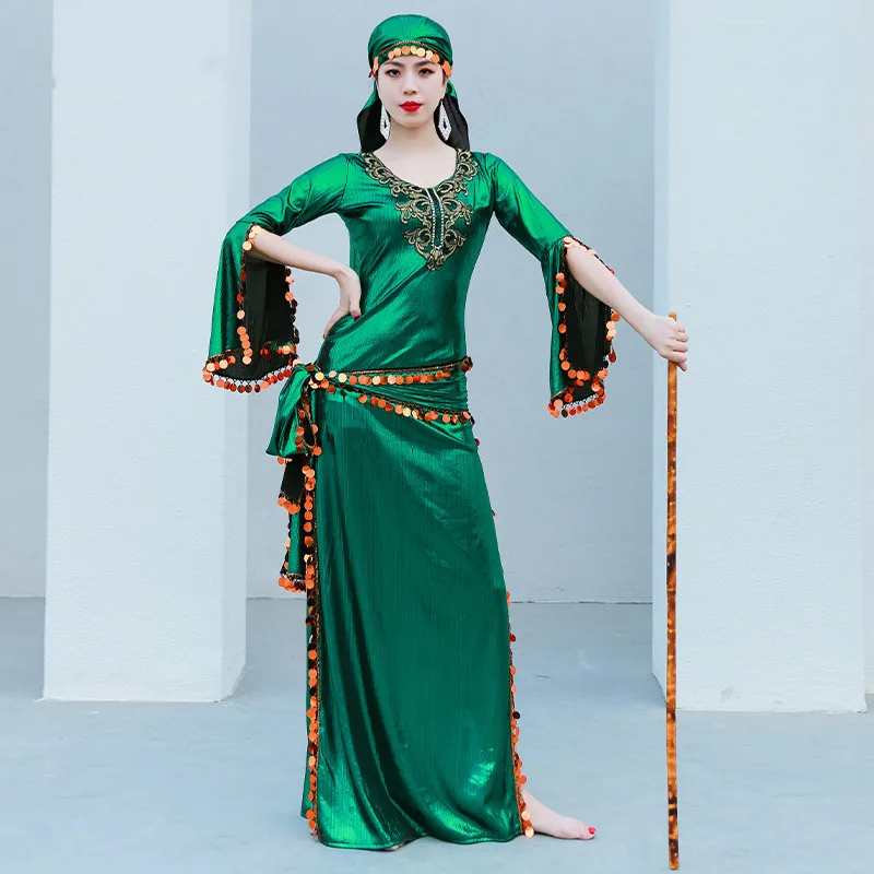 costume de danse du ventre égyptien, robe saidi à paillettes, baladi galabeya fallahi abaya, tenue de spectacle sur scène, ensemble de 4 pièces