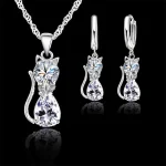 Ensemble de bijoux en argent Sterling 925 véritable pour femmes et filles, brillant cristal autrichien, pendentif chat mignon, collier, boucle d&rsquo;oreille Huggie