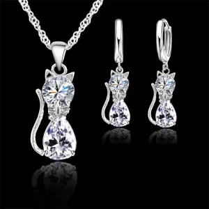 Ensemble de bijoux en argent Sterling 925 véritable pour femmes et filles, brillant cristal autrichien, pendentif chat mignon, collier, boucle d&rsquo;oreille Huggie
