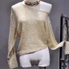 paillettes épaule inclinée épaules dénudées sexy à manches longues tricoté t shirt version courte ensembles or brillant soie blouse automne