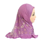 H043-Belle petite fille, hijab amira avec filet à fleurs pour enfants de 2 à 7 ans, écharpe islamique, turban