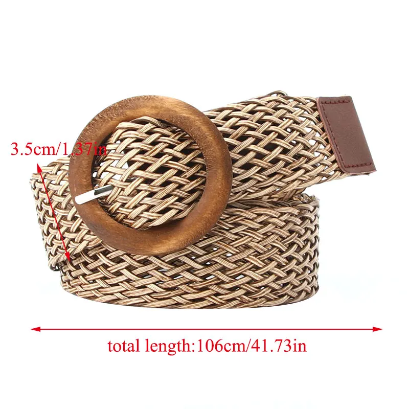 EnvironFor-Ceinture de taille tressée pour femme, vintage, bohème, noir, café, large, ronde, en bois, lisse, fausse paille