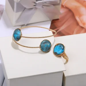 ShinyGem – ensemble de bracelets et bagues faits à la main en fil d&rsquo;or galvanisé 14K pour femmes, bijoux à la mode en Agate bleue naturelle baroque