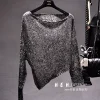 paillettes épaule inclinée épaules dénudées sexy à manches longues tricoté t shirt version courte ensembles or brillant soie blouse automne