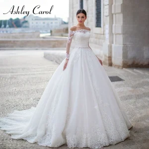 Ashley Carol robe De bal robe De mariée avec veste semi-transparente col bateau Appliques ceinture robe De mariée robes De Novia