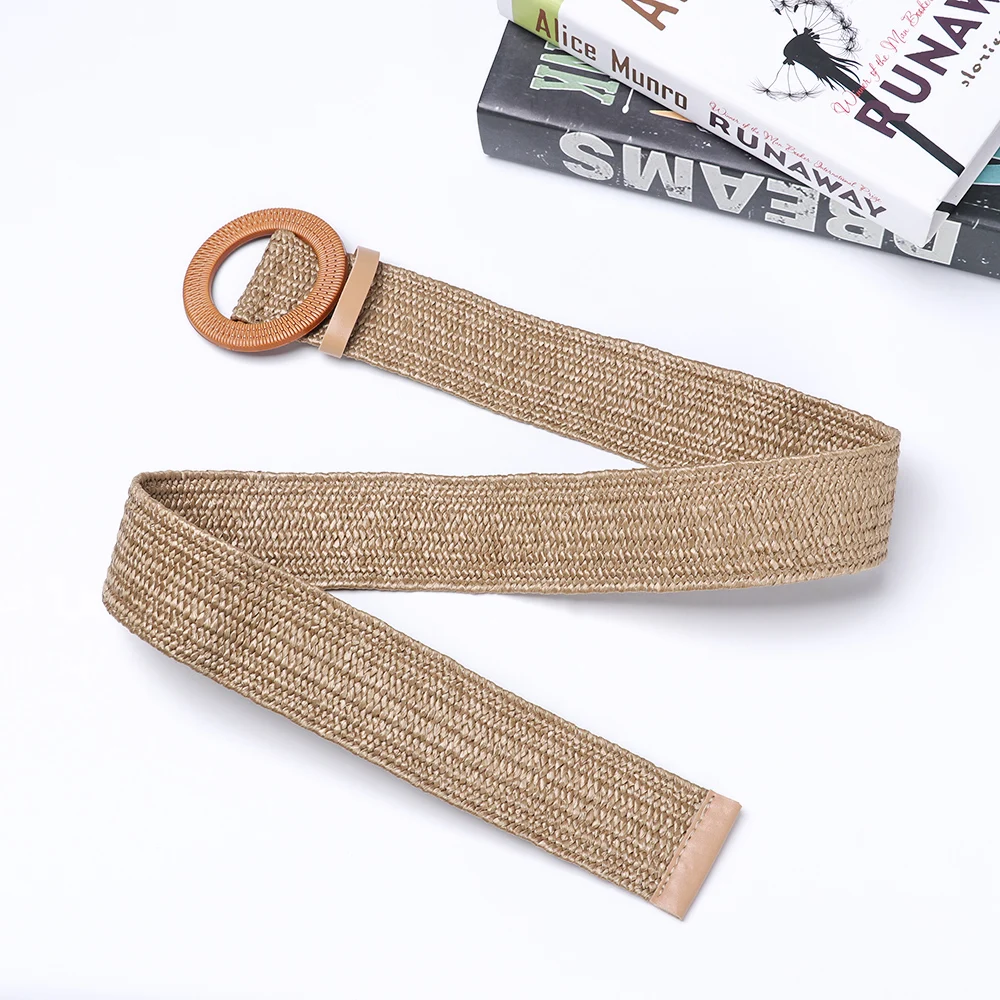 ceinture ronde en bois pour femmes, ceinture en paille élastique, large sangle tressée décontractée, tissée pour filles, mode pp, styliste féminin