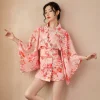 peignoir kimono japonais rose sexy imprimé floral, mini chemise de nuit mihaori, indispenslingerie, tunique en mousseline de soie, uniforme