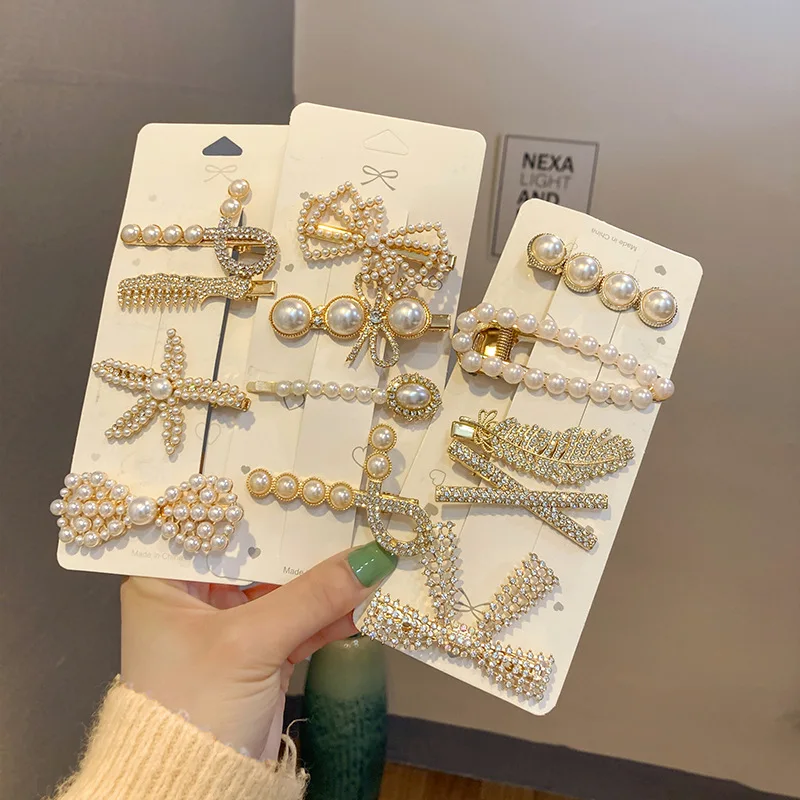 Pince à cheveux en perles pour femmes, épingles à frange, mode vintage, luxe, diamant, nœud perlé, fleur, cordon, ensemble d'épingles à cheveux, vente en gros, 1 lot
