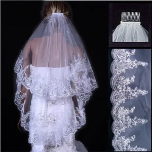 Voiles de mariage de luxe 2 couches dentelle Applique bord avec perles strass voile de mariée accessoires de mariée