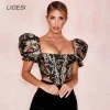 chemisier noir à fleurs brodées pour femmes, manches bouffantes, chemisiers de fête élégants, médicaments, bustier sexy, corset, haut court