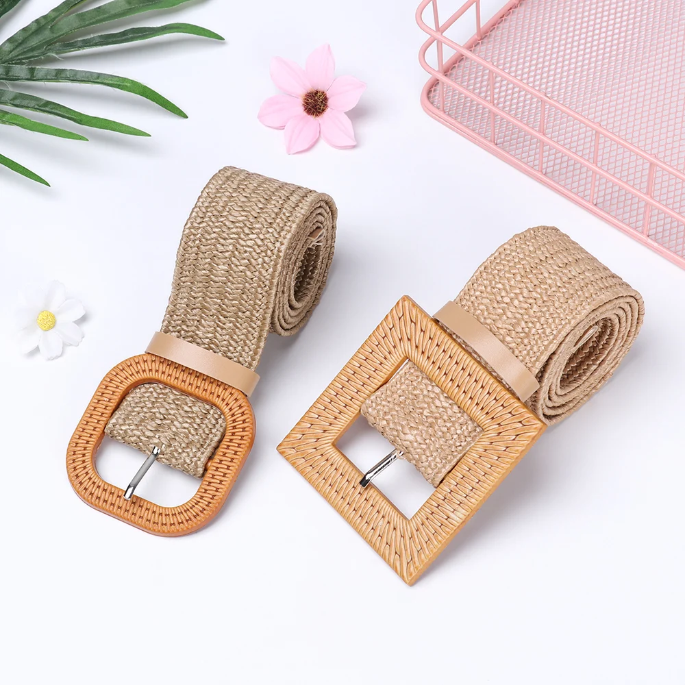 ceinture ronde en bois pour femmes, ceinture en paille élastique, large sangle tressée décontractée, tissée pour filles, mode pp, styliste féminin