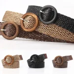 EnvironFor-Ceinture de taille tressée pour femme, vintage, bohème, noir, café, large, ronde, en bois, lisse, fausse paille