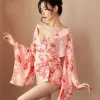 peignoir kimono japonais rose sexy imprimé floral, mini chemise de nuit mihaori, indispenslingerie, tunique en mousseline de soie, uniforme