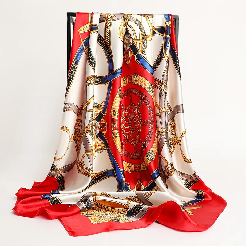 mouchoirs cheveux foulard en soie 90*90 cm imprimé satin grand carré foulards en soie châles pour femmes marque de luxe concepteur hijab bandeau