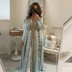 Robe de soirée en mousseline de soie, caftan marocain, caftan musulman, ligne A, manches longues, appliques, Dubaï, arabe, Abaya, robe islamique personnalisée