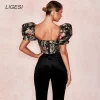 chemisier noir à fleurs brodées pour femmes, manches bouffantes, chemisiers de fête élégants, médicaments, bustier sexy, corset, haut court