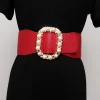 ceinture large en cuir pu pour femmes, haute élasticité, extensible, pour robe, automne, extensible, blanc, rouge, boucle en perles