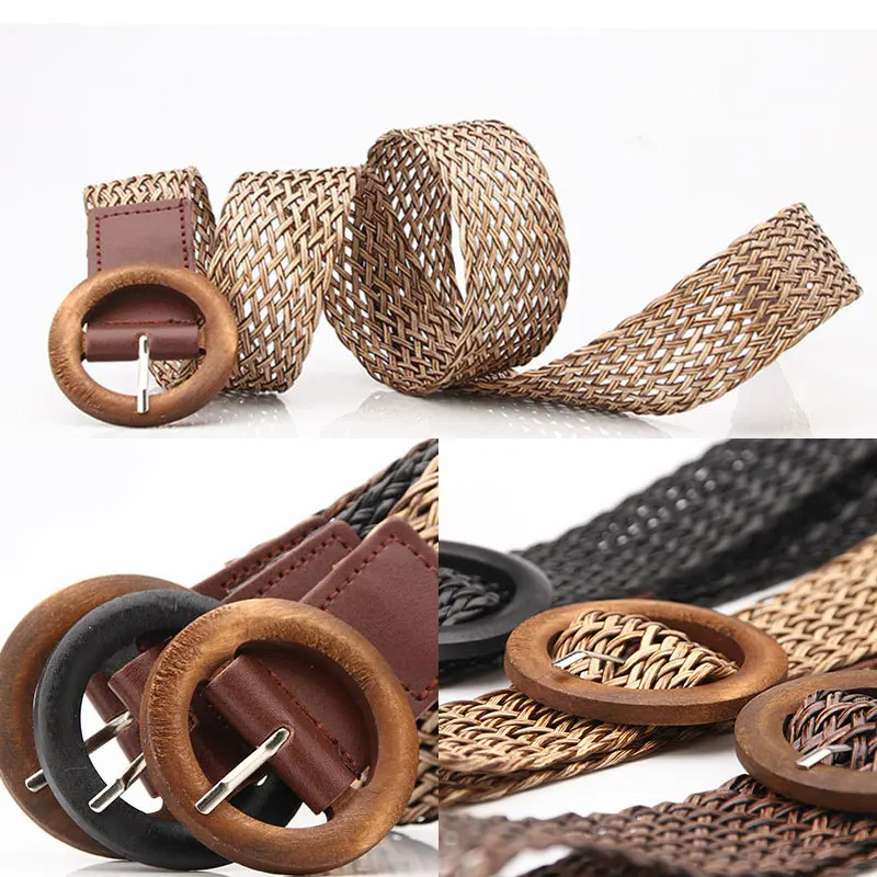 EnvironFor-Ceinture de taille tressée pour femme, vintage, bohème, noir, café, large, ronde, en bois, lisse, fausse paille