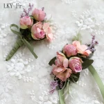 LKY Fr mariage poignet Corsage demoiselle d&rsquo;honneur Bracelet soie fleur poignet Corsage Bracelets mariage main fleurs boutonnière garçons d&rsquo;honneur