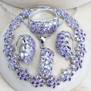 Ensemble de bijoux de mariée en argent 925, zircon violet, bijoux fins de Costume, bijoux de mariage, boucles d’oreilles, bagues, pendentif, Bracelets, collier Ensemble de bijoux de mariée en argent 925, zircon violet, bijoux fins de Costume, bijoux de mariage, boucles d’oreilles, bagues, pendentif, Bracelets, collier