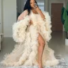 kimono beige à manches sulfen tulle pour femme enceinte, robe à volants, tenue de soirée sexy, peignoir, chemise de nuit transparente, collection hiver