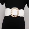 Ceinture large en cuir PU pour femmes, haute élasticité, extensible, pour robe, automne, extensible, blanc, rouge, boucle en perles