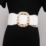 Ceinture large en cuir PU pour femmes, haute élasticité, extensible, pour robe, automne, extensible, blanc, rouge, boucle en perles