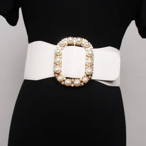 Ceinture large en cuir PU pour femmes, haute élasticité, extensible, pour robe, automne, extensible, blanc, rouge, boucle en perles