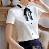 chemisiers en mousseline de soie à manches courtes pour femmes, chemise élégante avec nœud, mode décontractée pour dames de bureau, y baratas