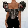 chemisier noir à fleurs brodées pour femmes, manches bouffantes, chemisiers de fête élégants, médicaments, bustier sexy, corset, haut court