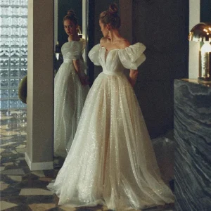 Robe de mariée trapèze à paillettes, deux pièces, avec jupe détachable, épaules dénudées, manches courtes bouffantes, robes de soirée de princesse