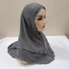 h076 haute qualité grandes filles adulte taille moyenne musulman amira hijab avec lurex net couche tirer sur islam écharpe tête enveloppement châle bonnet
