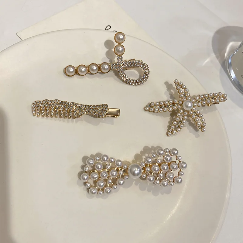 Pince à cheveux en perles pour femmes, épingles à frange, mode vintage, luxe, diamant, nœud perlé, fleur, cordon, ensemble d'épingles à cheveux, vente en gros, 1 lot