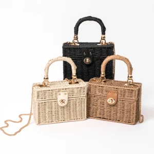 Sac messager en paille tissé à la main pour femme, sac à main en rotin noir, boîte carrée d&rsquo;été, plage, initié, dame, nouveau