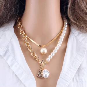 Chaîne de mode collier de perles pour femmes baroque perle métal pendentif à breloque colliers ras du cou serpent chaîne bijoux or argent couleur