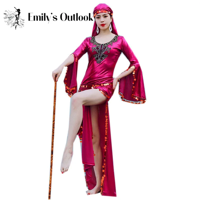 Costume de danse du ventre égyptien, robe Saidi à paillettes, Baladi Galabeya Fallahi Abaya, tenue de spectacle sur scène, ensemble de 4 pièces Costume de danse du ventre égyptien, robe Saidi à paillettes, Baladi Galabeya Fallahi Abaya, tenue de spectacle sur scène, ensemble de 4 pièces