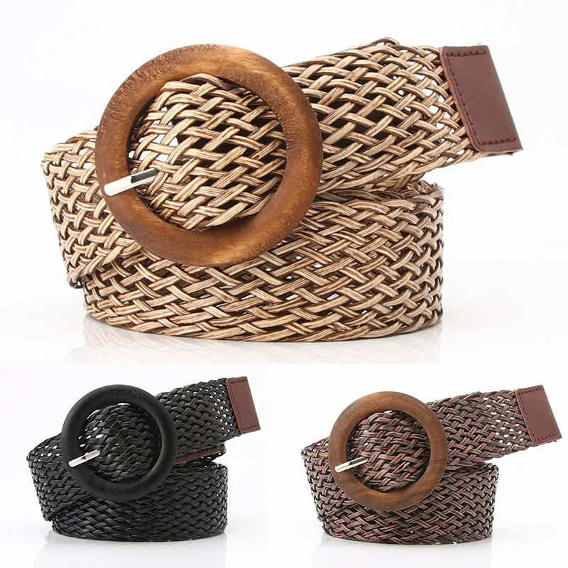 EnvironFor-Ceinture de taille tressée pour femme, vintage, bohème, noir, café, large, ronde, en bois, lisse, fausse paille