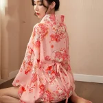 Peignoir Kimono Japonais Rose Sexy Imprimé Floral, Mini Chemise de Nuit MiHaori, InDispensLingerie, Tunique en Mousseline de Soie, Uniforme