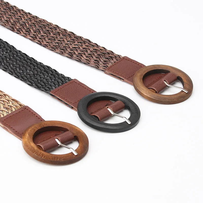EnvironFor-Ceinture de taille tressée pour femme, vintage, bohème, noir, café, large, ronde, en bois, lisse, fausse paille