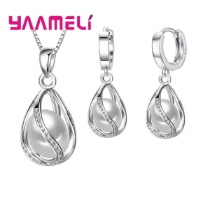 Ensemble de bijoux cadeaux élégants pour femmes, en argent Sterling 925, pendentif en perles d&rsquo;eau douce rotatives, collier, boucles d&rsquo;oreilles Huggie