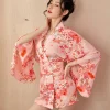 peignoir kimono japonais rose sexy imprimé floral, mini chemise de nuit mihaori, indispenslingerie, tunique en mousseline de soie, uniforme