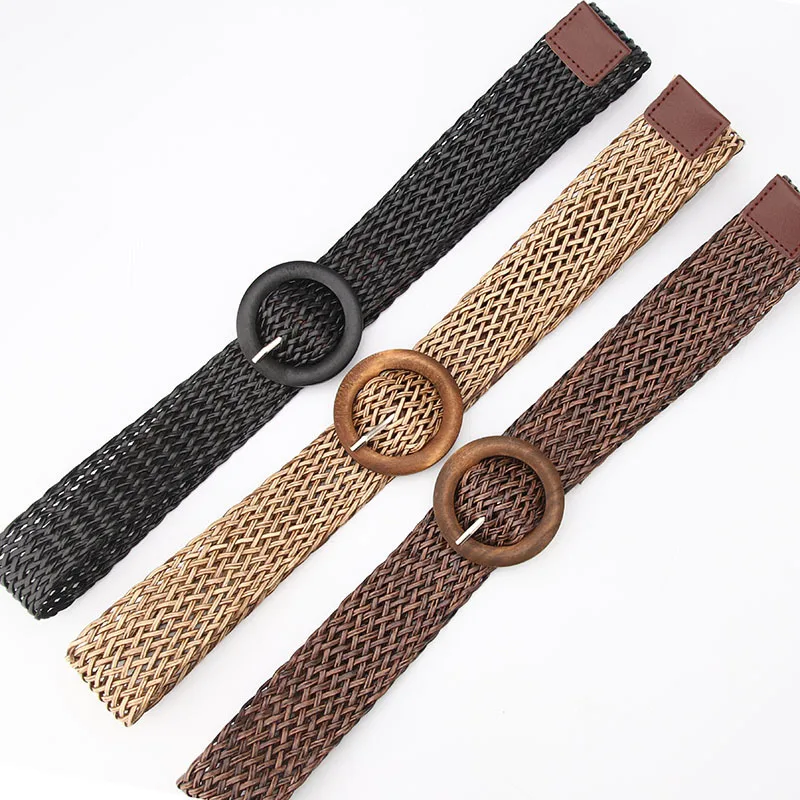 EnvironFor-Ceinture de taille tressée pour femme, vintage, bohème, noir, café, large, ronde, en bois, lisse, fausse paille